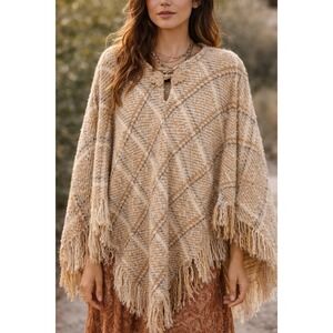 Boyne Valley Weavers‎ Irish Plaid Wool Alpaca Fringe Poncho Cape Sweater